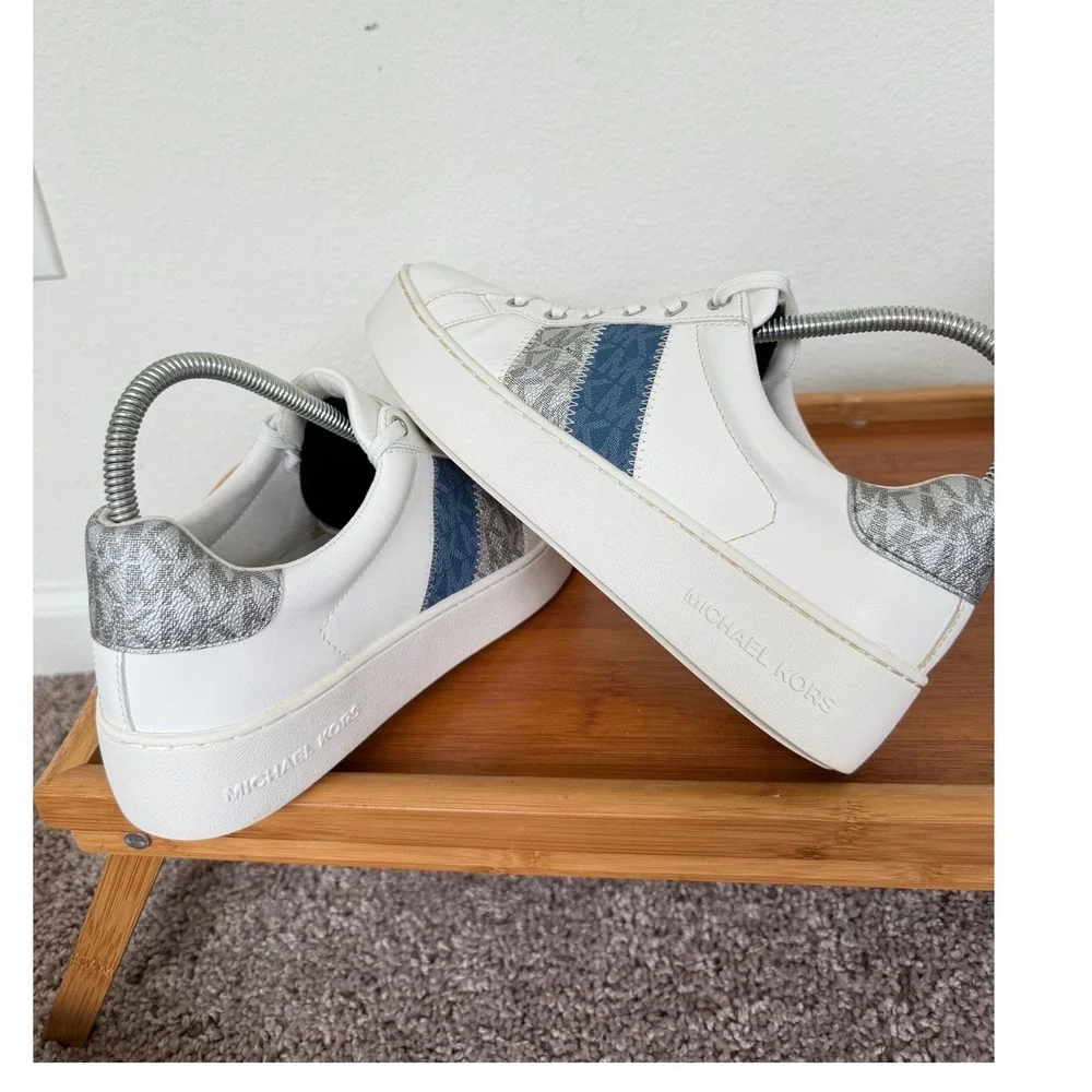 Michael Kors Poppy White Platform Sneakers Blue Silver Logo Stripe LS24J Sz 8.5